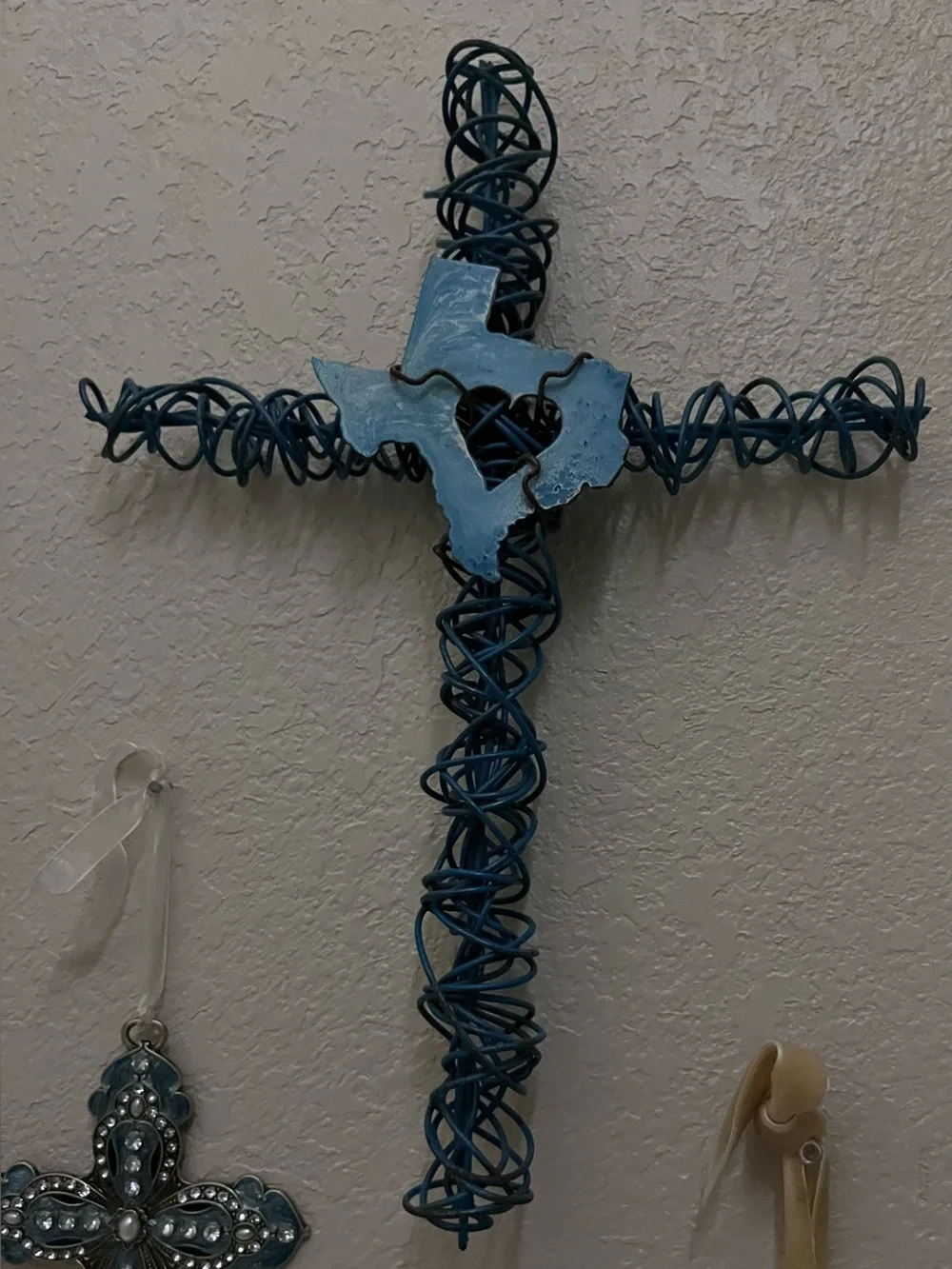 Handmade Blue Woven Wire Cross with Texas Heart Accent